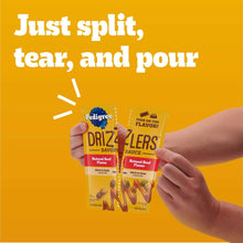 Hands holding split-tear savory sauce pouches, chicken and beef flavors