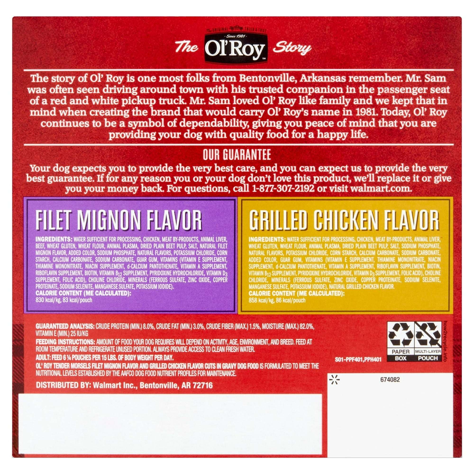 Ol' Roy Tender Morsels Filet Mignon and Grilled Chicken Cuts in Gravy Variety Pack, 3.5 oz Pouches (8 Pack)