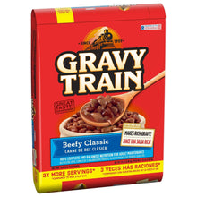 Dry dog food bag in red with Beefy Classic label and 3X more servings badge
