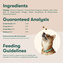 Chicken jerky bites nutrition facts panel with dog icon