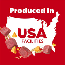 Purina Beneful Hugs dog treats, produced in USA facilities map graphic with snack pieces