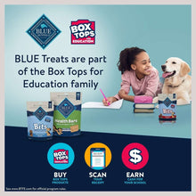 Blue treats promo with child and dog, Box Tops for Education graphic