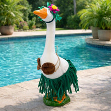 Goose garden statue with a flower crown and green grass skirt.