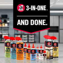 3-IN-ONE product bottles lineup with red caps in garage display