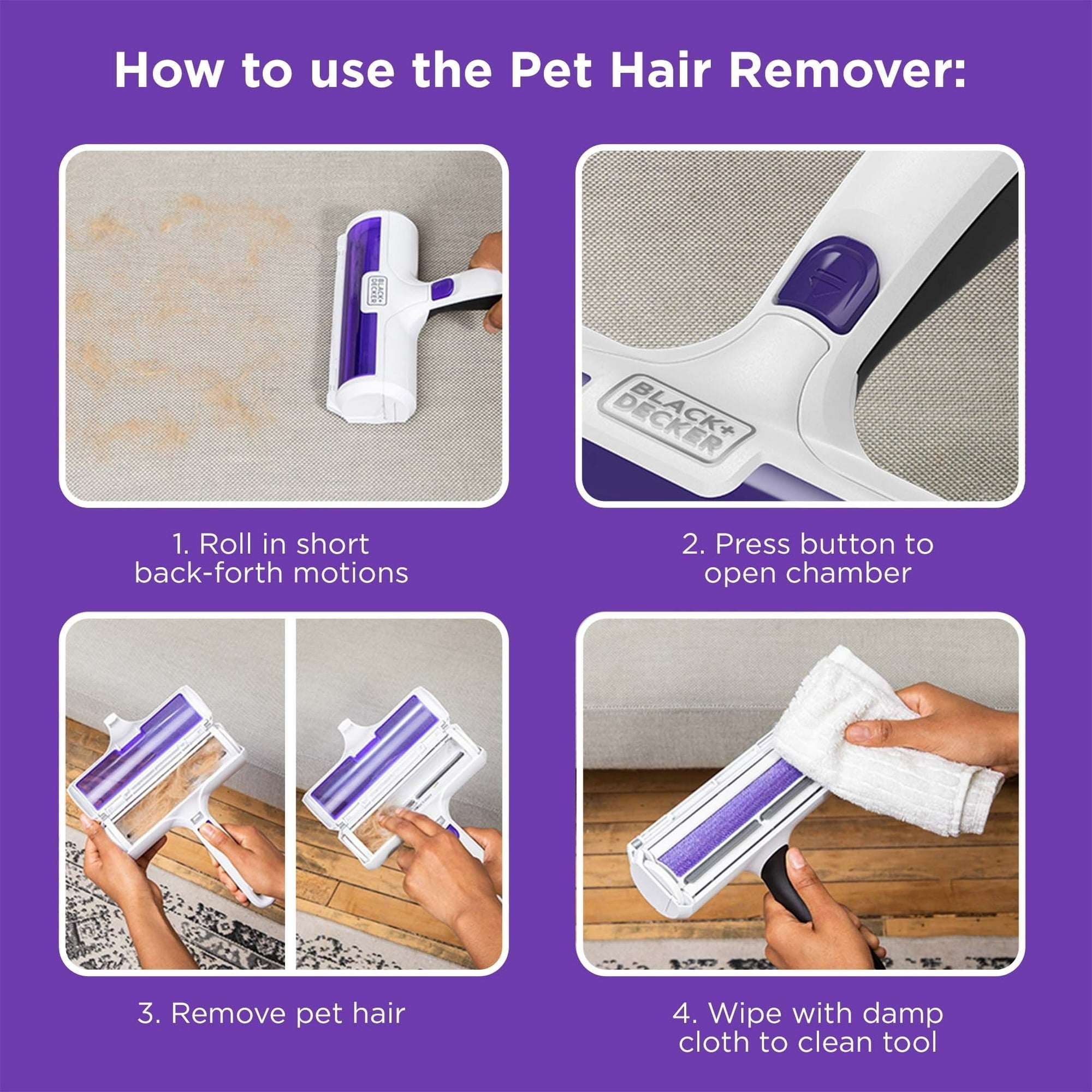 BLACK+DECKER Reusable Pet Hair & Fur Lint Roller & Remover – Fabric, Furniture, Car Seat Cleaning Tool, HMSCT0001