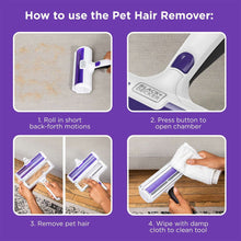 Reusable pet hair lint roller with purple drum and white handle shown in steps