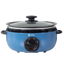 Blue slow cooker with glass lid and black temperature control dial