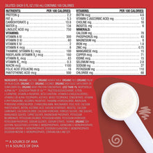 Nutrition facts panel and scoop of organic dairy infant formula powder
