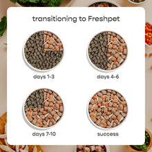 Freshpet transition guide with four bowls of kibble labeled days 1-3, 4-6, 7-10