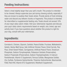 Feeding instructions and ingredients panel for chicken-wrapped dog chews