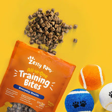 Training bites pouch with pile of bite pieces and paw-shaped treat visuals