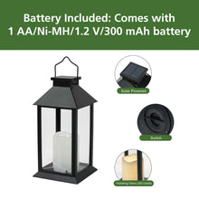 Black solar lantern with rectangular glass frame, metal handle, and clear candle cylinder.
