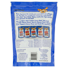 Beef flavor dog treat pouch back panel with feeding guidance and ingredient list
