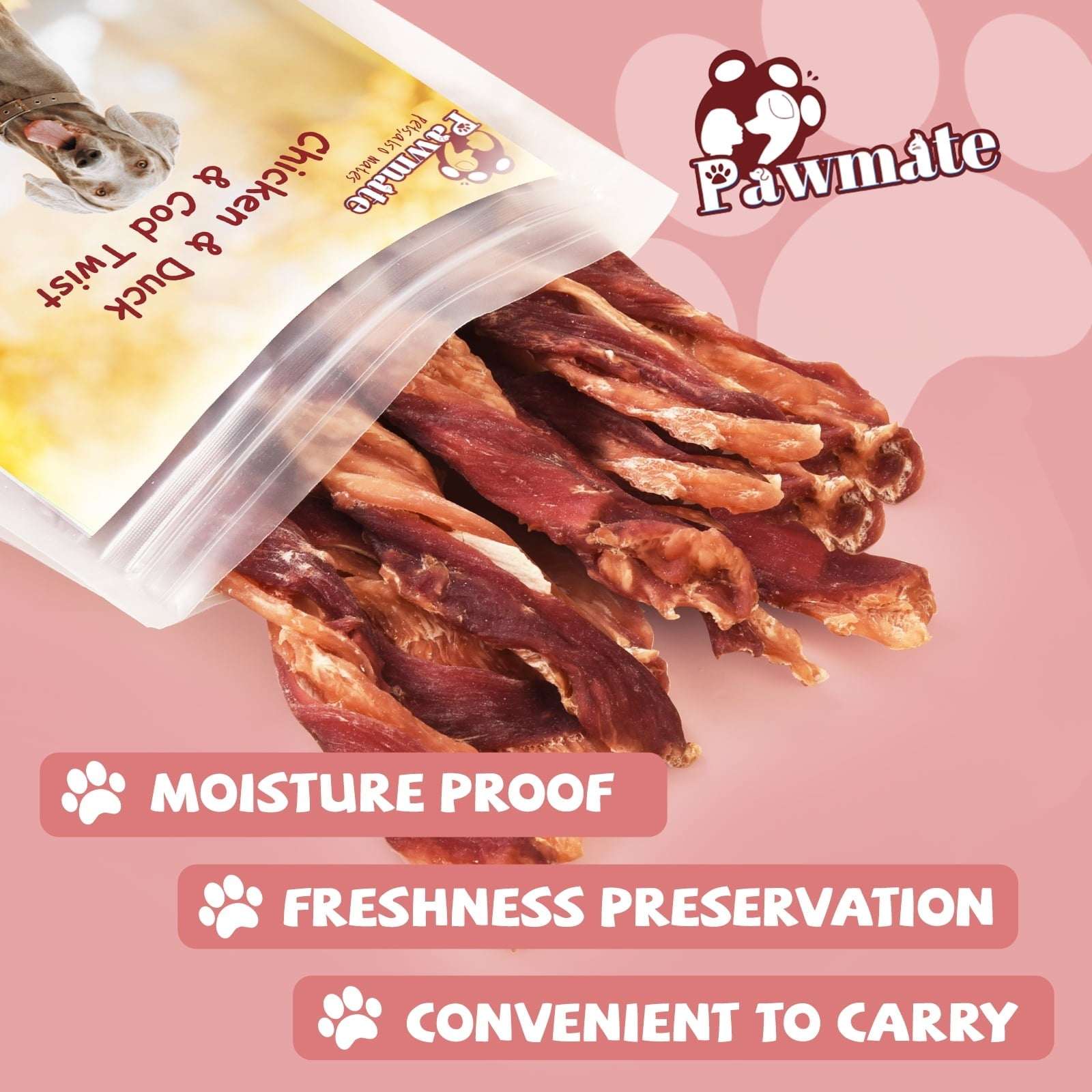 Pawmate Chicken Jerky & Duck & Cod Twist Dog Treats, Premium Pure Meat Snacks for All Dogs, 28-29 Count