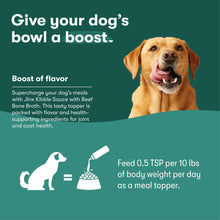 Happy dog with bowl-boost marketing graphic for a kibble sauce meal topper