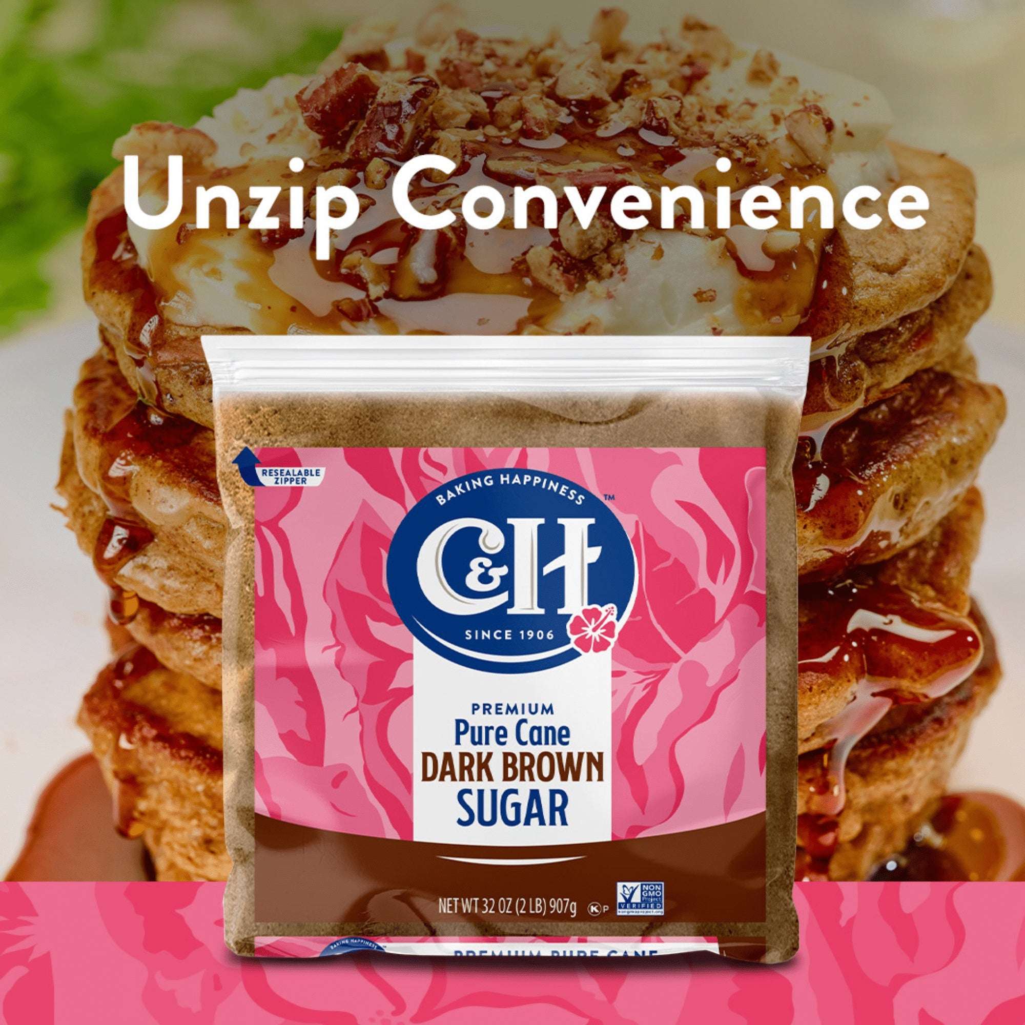 (4 pack) C&H Premium Pure Cane Dark Brown Sugar 2lb. Zipper-Pak