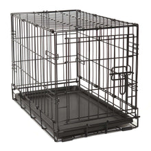 Black wire dog crate with leak-proof plastic tray base and side door latches.