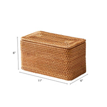 Brown rattan organizer basket with hinged lid, showing 6 in tall x 11 in wide.