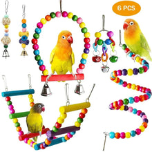 Colorful parrot cage toy set with rainbow beads, swing bars, and hanging bells