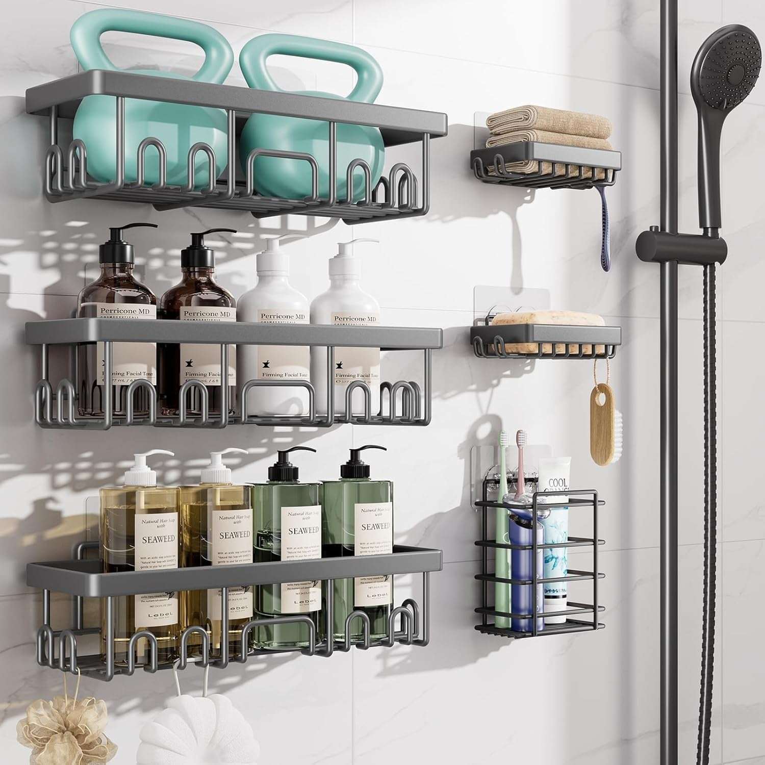Veken Shower Caddy  – Rustproof Adhesive Bathroom Organizer Set, No-Drill Wall-Mounted Shelves with Soap Holder & Large Capacity Storage