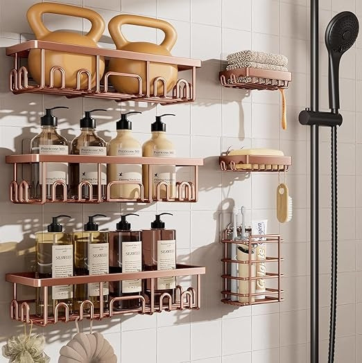 Veken Shower Caddy  – Rustproof Adhesive Bathroom Organizer Set, No-Drill Wall-Mounted Shelves with Soap Holder & Large Capacity Storage