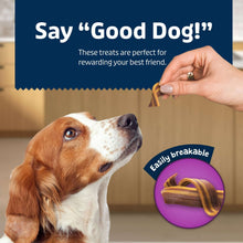 Blue Buffalo Sizzlers bacon-style dog treats promo, hand offering treat strips to a dog
