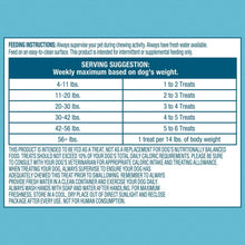 Ol' Roy long-lasting munchy bones chew package back label with serving and feeding chart