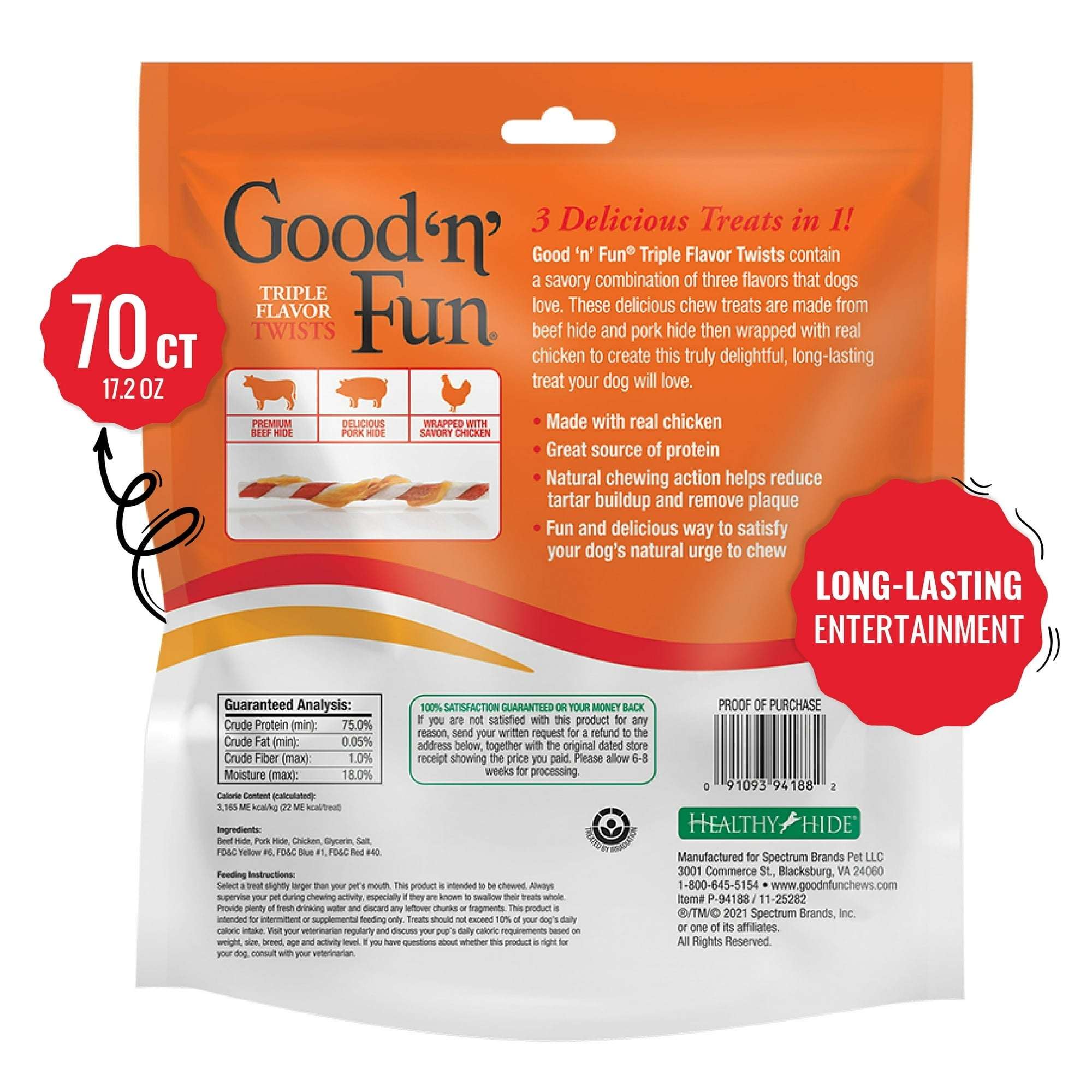 Good 'n' Fun Triple Flavor Twists, Rawhide Chews for All Dogs, 70 Count