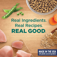 Dry dog food ingredients on wood: peas, carrots, rice, and meat around bag