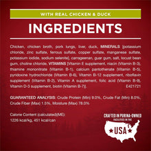 Wet dog food ingredients panel with heading 'With real chicken & duck'