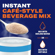 Instant café-style beverage mix graphic with spoonful powder and water or milk icons