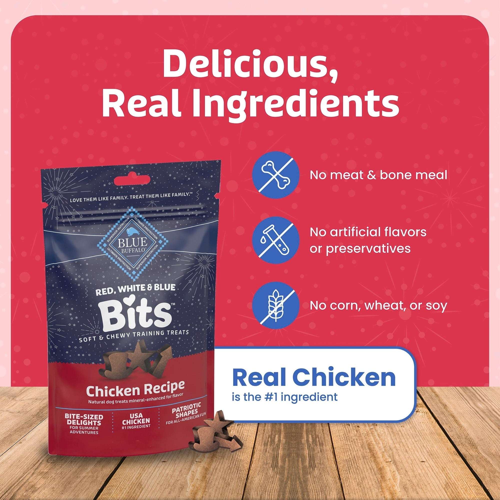 (3 pack) Blue Buffalo Red, White & Blue Bits, Soft and Chewy Training Treats, Chicken, 4.5oz Bag