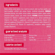 Wet cat food label panel listing ingredients, guaranteed analysis, and calories