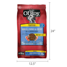 Front of red dry dog food bag with 15 lb label and size measurements