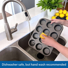 Gray nonstick muffin pan on sink basin with 12 round cups
