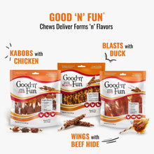 Good ’n’ Fun variety of rawhide chew rolls packages for kabobs, blasts, and wings