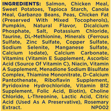 Ingredients list: salmon, chicken meal, sweet potatoes, tapioca starch, peas