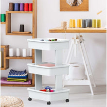 Arctic white 3-tier plastic rolling cart with front shelf openings and caster wheels