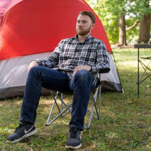 Black quad folding camp chair with padded seat and back, side cup holder