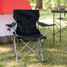Black quad folding camp chair with cup holder arms and padded back