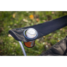 Black quad folding camp chair arm cup holder with mesh pocket
