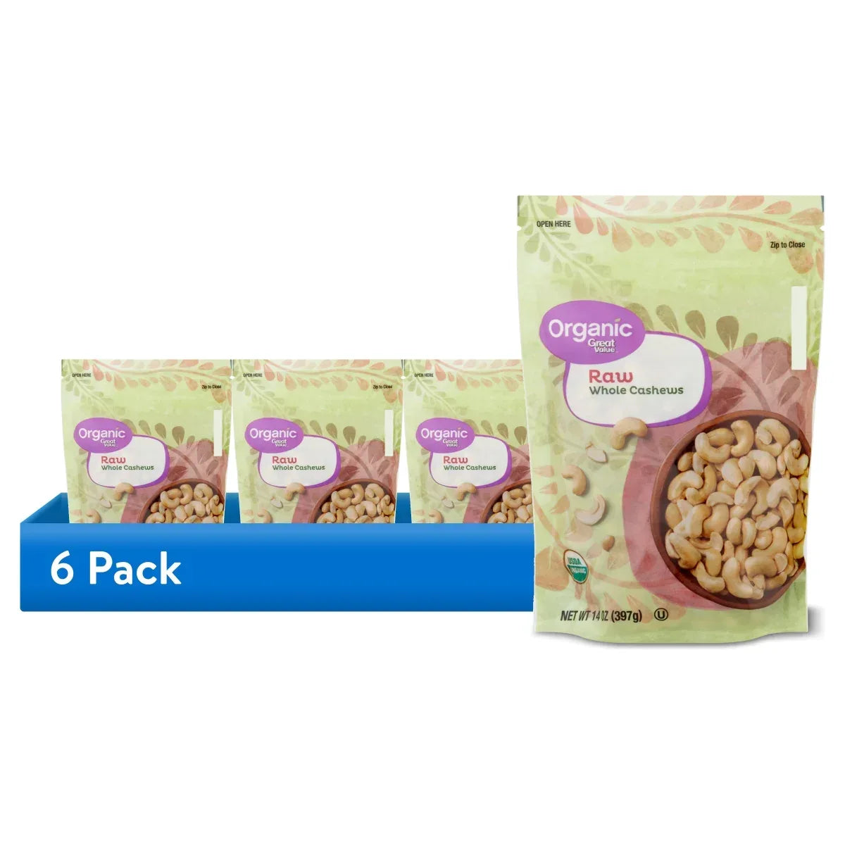 Great Value Organic Raw Whole Cashews, 14 oz