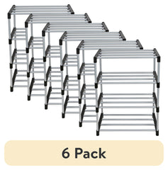 Mainstays 4 Tier Shoe Rack, Black and Silver, 8 Pairs of Shoes, Metal Tubes & Plastic Connectors