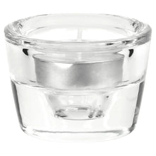 Clear glass candleholder with open rim and inner holder section, round votive cup