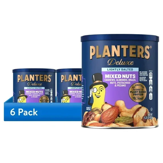 PLANTERS Deluxe Lightly Salted Mixed Nuts, Party Snacks, Plant Based Protein 15.25 oz Steel Can