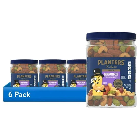 PLANTERS Deluxe Salted Mixed Nuts, Party Snacks, Plant Based Protein, 34 oz Plastic Jar