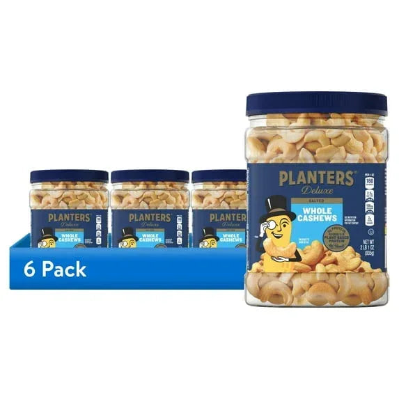 PLANTERS Deluxe Salted Whole Cashews, Party Snacks, Plant Based Protein, 33 oz Plastic Jar