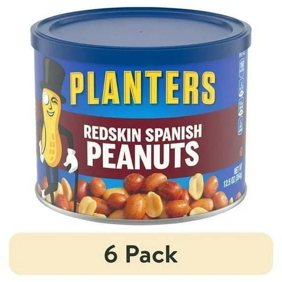 (6 pack) PLANTERS Redskin Spanish Peanuts, Roasted Salted Peanuts, Plant Based Protein, 12.5 oz Steel Can