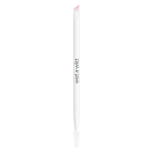 Brow and liner duo brush with pink angled bristles, white handle