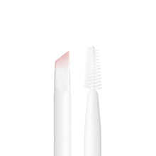 Two brow and liner duo brushes with pink bristles, white handles